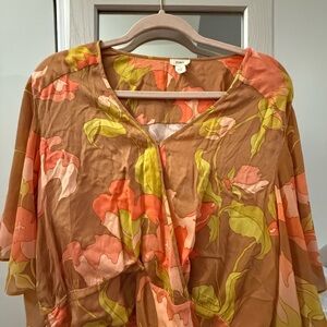 Floral Cropped Top. Brown, Orange, pink, chartreuse. Flutter sleeve slits.